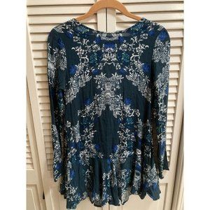 Free People Bohemian Smooth Talker Tunic Emerald Floral Shirt Dress Open Back XS